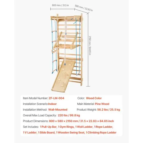 VEVOR schwedisches Leiterwand, 8 in 1 15-stufiges Indoor-Klettergerüst, 100 kg belastbares Wand-Stangen-Kletterspielset mit Wandleiter Rutschbrett Klimmzugstange Turnringen Schaukelsitz Strickleiter – Bild 6