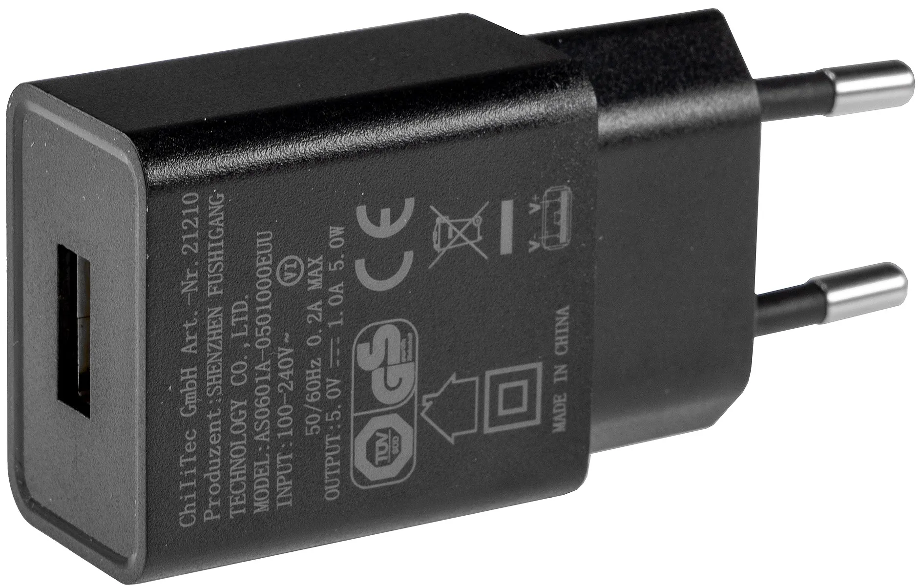 Stecker-Netzteil mit USB „CTN-0510“ Ein 110-240V~, Aus 5V=, 1A, 5W, schwarz Stecker-Netzteil mit USB „CTN-0510“ Ein 110-240V~, Aus 5V=, 1A, 5W, schwarz
