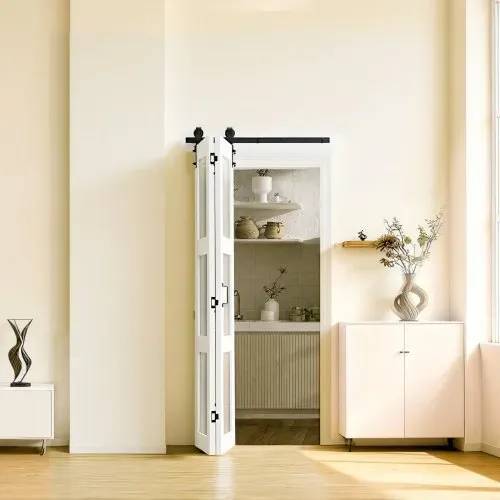 VEVOR Faltbare Schiebetür im Scheunentor-Stil 914x2134 mm, Falttür aus MDF + Gehärtetem Glas, mit Beschlagsatz, Platzsparendes Design, Vormontierte Paneele für Schlafzimmer Wohnzimmer Weiß – Bild 7