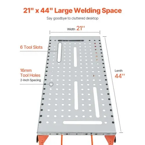 VEVOR Faltbarer Schweißtisch 533x1118mm, 226 kg Tragkraft, Werktisch mit 4-stufiger Höhenverstellung, Werkbank mit 6 Werkzeugschlitzen und 16mm Befestigungslöchern für Reparatur von Schweißbaugruppen – Bild 3