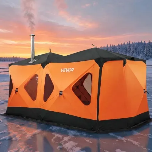 VEVOR Eisangelzelt Eisfischerzelt für 8-10 Personen 4,11x2,3x2,3 m Isoliert, fürs Winterangeln, 10,7 m² Fläche, 600D 4-Lagiges Gewebe, Tragbares Eisschutzzelt im Hub-Stil mit Ankern, Seilen, Tragetasche – Bild 7