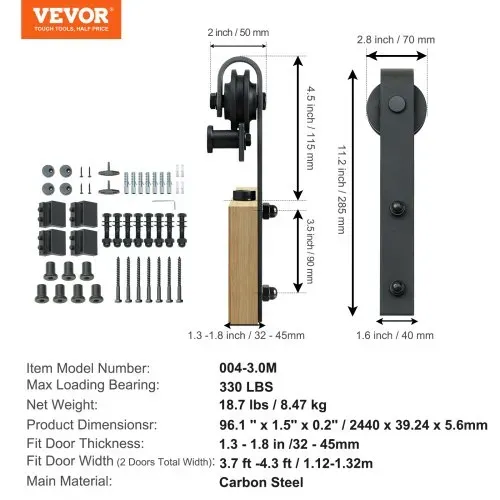 VEVOR 244cm Schiebetürbeschlag J-förmig Schiebetürsystem mit 2-teiligen Schienen 150kg Tragfähigkeit Laufschiene Ideal für Schiebetüren mit Türstärke von 32-45mm, Türbreite von 1,12-1,32m – Bild 6