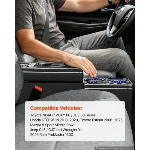 VEVOR Mittelkonsole 15 W 7-Farben LED Auto-Organizer zwischen den Sitzen für Smartphones und Elektronikgeräte, 5 V/3 A QC, 5 V/3 A PD-Typ-C, 12-24-V-Buchse, 3 Getränkehalter, Staufach und Schublade – Bild 2