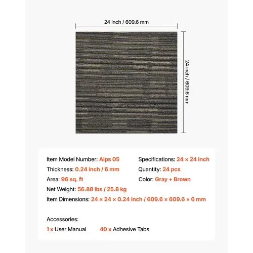 VEVOR Teppichfliesen 609,6 x 609,6 x 6 mm, 24er-Pack, modularer Teppichboden mit Fläche von 9 m², Teppich Bodenbelag, einfacher DIY-Austausch für Wohnzimmer und Büro, Grau und Braun – Bild 6