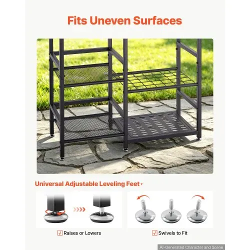 VEVOR Gartengeräte Ständer 740x300x805mm 3-Stöckiger Gerätehalter Schwarz, Aufbewahrungsregal für Garage Schuppen Garten & Outdoor, Organizer aus Stahl mit 3 Ablagefächern 6 Haken & Nivellierfüßen – Bild 3