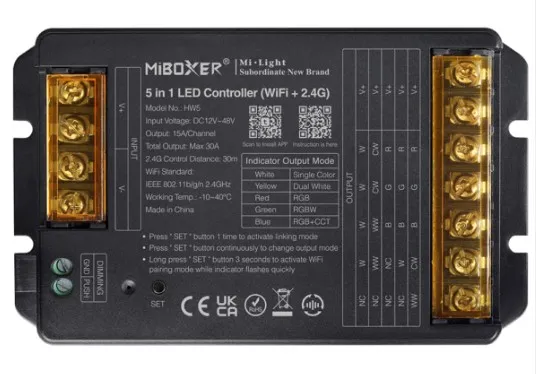 MiBoxer HW5 LED Controller 5in1 RGB-WW (RGB-CCT) DC12~48V WiFi 2.4G HP 30A MiBoxer HW5 LED Controller 5in1 RGB-WW (RGB-CCT) DC12~48V WiFi 2.4G HP 30A
