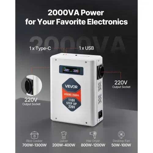 VEVOR Spannungswandler aufwärts, 2000 VA, Hochleistungs-Aufwärtswandler, 110 V auf 220 V Leistungstransformator, mit 2 EU-Steckdosen, USB-Ausgang, LCD-Display, Temperaturschutz, für 220-V-Geräte VEVOR Spannungswandler aufwärts, 2000 VA, Hochleistungs-Aufwärtswandler, 110 V auf 220 V Leistungstransformator, mit 2 EU-Steckdosen, USB-Ausgang, LCD-Display, Temperaturschutz, für 220-V-Geräte