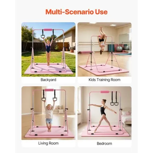 VEVOR Gymnastikstange für Kinder mit 63,5 kg Tragkraft, Klappbares Turnreck mit Matte, Höhenverstellbare Turnstange für Indoor- und Outdoor-Training, Heimtrainingsgerät für Kinderturnen zu Hause, Rosa – Bild 6