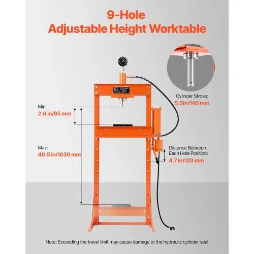 VEVOR hydraulische Werkstattpresse 20 t (H-Rahmen) mit Pressplatte, einstellbare Hydraulikpresse (Max. Zylinder 14 cm) mit Dreieckstütze, geeignet zum Biegen & Richten & Stanzen Orange – Bild 2