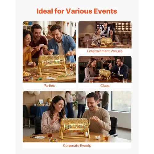 VEVOR Tombola Trommel, 295xØ167mm, Lostrommel mit Fassungsvermögen von 2500 Lose oder 100 Lotteriebälle, Gewinnspieltrommel mit Kurbel & Dreiecksständer, für Veranstaltungen & Feiern, Gold – Bild 5
