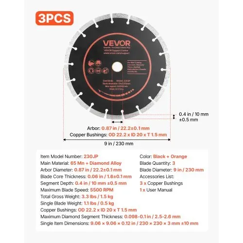 VEVOR 3 Stk. Diamanttrennscheiben 230mm, Diamant-Sägeblätter mit 22,2mm Bohrung & 10mm Segmenthöhe, Max. 5500 U/min Diamantscheiben für Trocken/Nass Schneiden, Trennscheibe für Beton Mauerwerk Stein – Bild 6