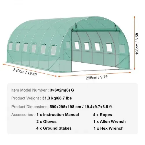 VEVOR begehbares Tunnel-Gewächshaus, 6,8 x 2,8 x 2,0 m, Foliengewächshaus-Tunnel, Pflanzen-Gewächshaus mit verzinktem Stahlrahmen, grüner PE-Abdeckung, aufrollbarer Reißverschlusstür und 12 Fenstern für den Außenbereich – Bild 6