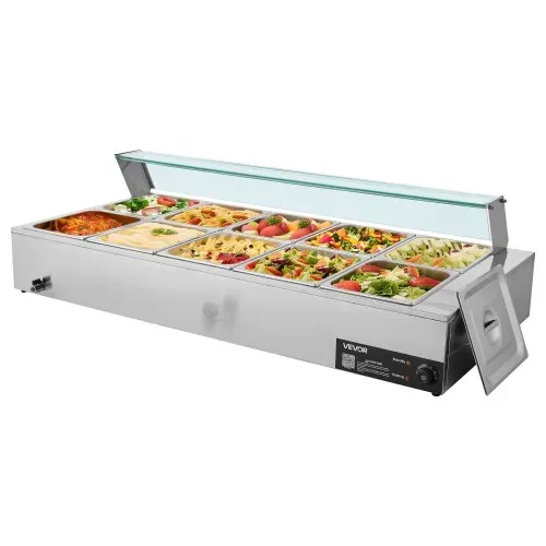 VEVOR kommerzieller Speisenwärmer (10 x 1/2 Größe Behälter), 1,7 kW elektrischer Wärmebehälter aus Edelstahl mit Glasabdeckung & Suppenkelle, Chafing Dishes für Catering Restaurant Party – Bild 8