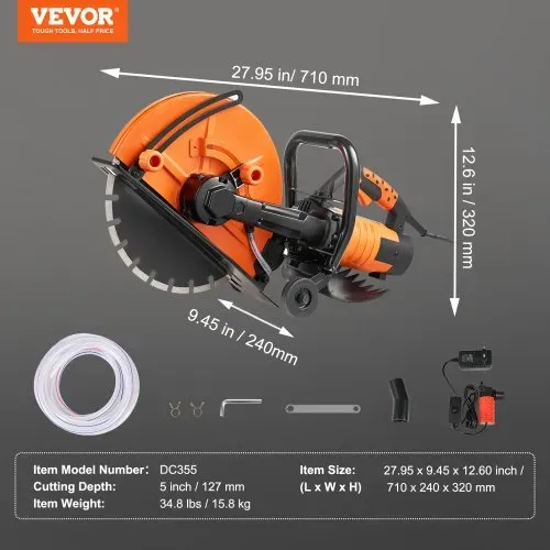VEVOR Elektrische Betonsäge, 356 mm, Hochleistungs-Kreissäge 2800 W, Schnitttiefe 127 mm, Nass-/Trocken-Scheibensäge mit Wasserrohr, Wasserpumpe, Sägeblatt, für Stein und Ziegel – Bild 6