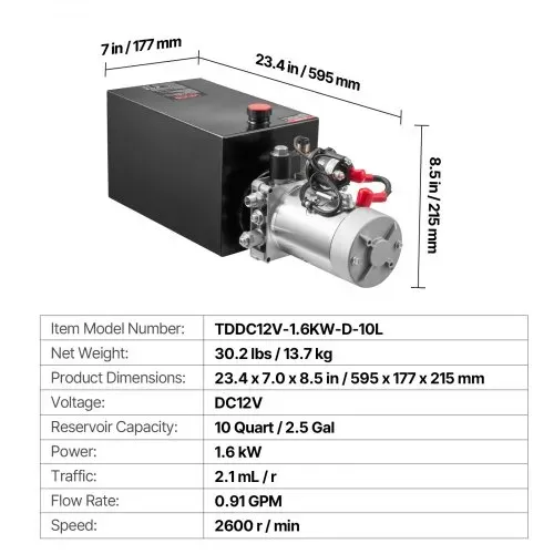 VEVOR 10 Qt Hydraulikaggregat einfachwirkende Kippanhängerpumpe, maximaler Öffnungsdruck 22 MPa und Fördermenge 3,4 L/min, 12 V DC Hydraulikpumpe mit Metallbehälter für Kippanhänger Schwarz – Bild 6