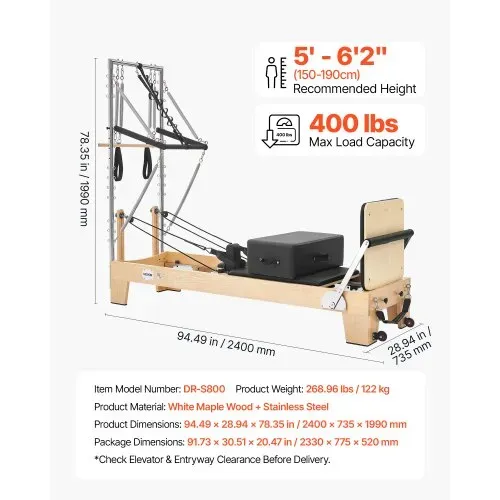 VEVOR Pilates Reformer mit Half Tower 2400 x 735 x 1990 mm aus Ahornholz Ideal für Heimgebrauch & Fitnessstudio, bis 181 kg Belastbar, mit Jumpboard, Federn, Pilates-Box und Verstellbarer Kopfstütze – Bild 6