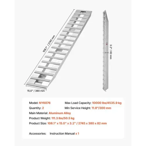 VEVOR Laderampen 2 Stk. 2745 x 380 mm, Robustes Aluminium, Schwerlast-Anhängerrampen-Set mit Antirutschplatten, Gesamttragfähigkeit 4535,9 kg, für Anhänger Traktoren ATVs Rasenmäher Motorräder – Bild 6