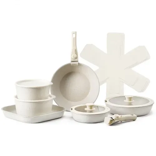 VEVOR Induktion Töpfe Pfannen Set (17-teilig) mit Glasdeckel antihaftbeschichtetes Kochgeschirr mit abnehmbarem Griff, Induktionskochtöpfe zum Braten, Würzen von Soßen und Kochen (Weiß) – Bild 10
