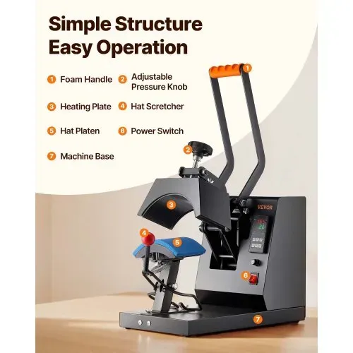 VEVOR Hut-Heizpresse, 4 in 1 Kappen-Wärmepresse, 15,2x7,6 cm Klappschalen-Sublimationsübertragung, LCD-Digital-Timer-Temperaturregelung mit 4 gebogenen Heizelementen (6x3/6,7x2,7/6,7x2,7x2,7 cm) – Bild 4