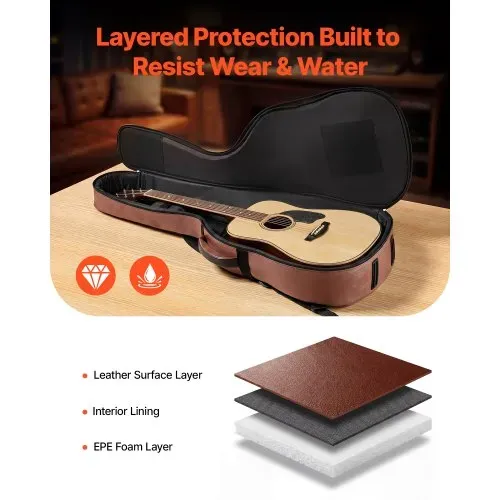 VEVOR Gitarrentasche für 41-Zoll-Akustikgitarren mit Außenzubehörfach Braun, Gitarrenrucksack mit Schaumstoffpolsterung, Tragegriff und Schultergurten, 1195 mm Gig Bag aus PU-Leder – Bild 2
