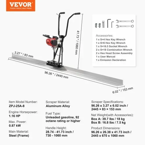 VEVOR Gas Beton-Estrichmaschine mit 2445mm Aluminiumplatten-Geradekantenstangensatz, 4-Takt-Vibrationsmotor für Zement-Finishing mit höhenverstellbaren Griffen, hocheffiziente Betonwerkzeuge 6500U/min – Bild 6