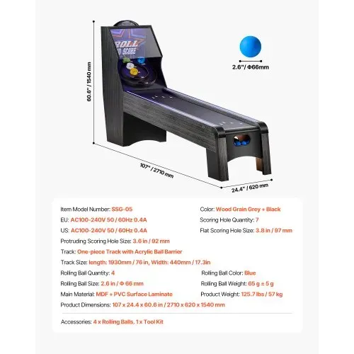 VEVOR 9 Fuß Roll und Score klassischer Arcade-Spieltisch, Indoor-Spielset mit elektronischer LED-Punkteanzeige, automatischer Ballrückgabe für Hausparty vier Bälle enthalten – Bild 6