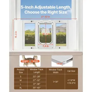 VEVOR Katzenklappe Katzentür Anpassbar an Fensterbreiten (686-813 mm), Wetterfeste Haustiertür mit 4 sicheren Verriegelungsmodi & Aluminiumrahmen & Hochtransparentem Glas & Magnetverschluss, Weiß VEVOR Katzenklappe Katzentür Anpassbar an Fensterbreiten (686-813 mm), Wetterfeste Haustiertür mit 4 sicheren Verriegelungsmodi & Aluminiumrahmen & Hochtransparentem Glas & Magnetverschluss, Weiß