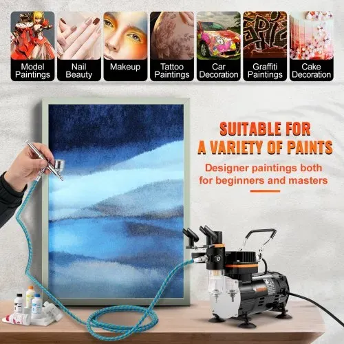 VEVOR Profi Dual Action Airbrush-Spritzpistole Set 18 - 23 L/min 120 W, 230 V Mini Airbrush Luftkompressor Gravity, Lackierpistole für Werbeillustrationen, Bodypainting, Modellbau, Nail Design – Bild 4