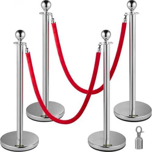 VEVOR Edelstahl Absperrpfosten Seil Abgrenzungsständer Kugelkopf 2 Rote Samtseile Silberne Säule 4 Packung Crowd Control Barriers VEVOR Edelstahl Absperrpfosten Seil Abgrenzungsständer Kugelkopf 2 Rote Samtseile Silberne Säule 4 Packung Crowd Control Barriers
