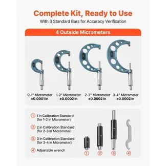 VEVOR Bügelmessschraube 4-tlg. Set, Mikrometer mit einer Messgenauigkeit von 0,0001/0,0002 Zoll, Messschraube für Metallbearbeitung & Maschinenbau mit Koffer, 0-1/1-2/2-3/3-4 Zoll VEVOR Bügelmessschraube 4-tlg. Set, Mikrometer mit einer Messgenauigkeit von 0,0001/0,0002 Zoll, Messschraube für Metallbearbeitung & Maschinenbau mit Koffer, 0-1/1-2/2-3/3-4 Zoll