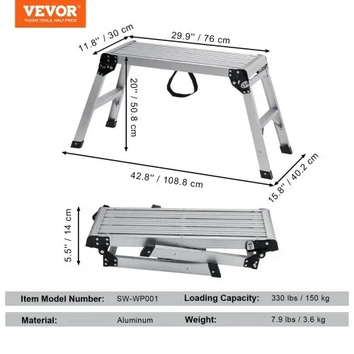 VEVOR Alu Arbeitsplattform Klappwerkbank 76x30x50,8cm Arbeitsbühne 150 kg Tragfähigkeit Trittbank mit Sicherheitsschlössern Trittleiter für Zuhause Büro Werkstatt & Garage Silber – Bild 6