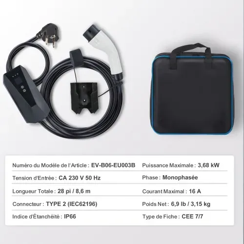 VEVOR Tragbares EV-Ladegerät mit LCD-Display 3,68 kW Ladegerät für Elektrofahrzeuge EV-Ladekabel Typ 2(IEC62196) CEE 7/7 Stecker 16A 1-Phasig EV-Ladestation 8,6m Kabellänge IP66 Wasserdicht Wallbox – Bild 6