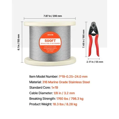 VEVOR Edelstahldrahtseil φ3,2 mm 152,4 m Länge, Drahtseil aus Edelstahl 316 mit einer Bruchlast von 798 kg, 1x19 Litzen, Stahlseil für Terrassengeländer, Gartenspaliere, inkl. Drahtschneider – Bild 6