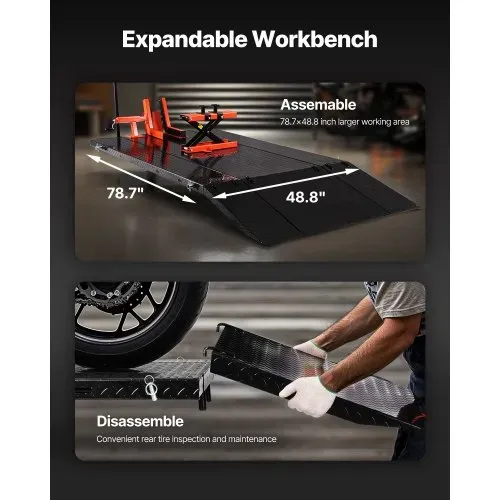 VEVOR Motorradheber Motorradhebebühne höhenverstellbarer Hebeständer mit abnehmbarer Werkbank, Fahrzeugreparaturplattform pneumatisch (680 kg belastbar / Max. Hubhöhe 940,2 mm) für Dirtbikes – Bild 2