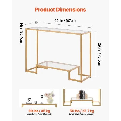 VEVOR 2-stufiger Konsolentisch moderner rechteckiger Flurtisch (107 x 35,4 x 75,5 cm) mit Platte aus gehärtetem Glas, Sofa-Beistelltisch mit Kippschutz für Wohnzimmer Flur Eingangsbereich Foyer – Bild 2