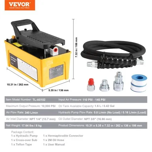 VEVOR 10.000 PSI Lufthydraulikpumpe, 1,6 L Öltank, NPT 3/8 Zoll Ölauslass, NPT 1/4 Zoll Einlass, Luftbetätigte Fußpumpe mit Aluminiumgehäuse, für Autoreparaturrahmenmaschine & Hydraulikpresse – Bild 6