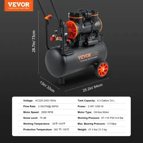 VEVOR Silent Druckluftkompressor 2800U/min Flüsterkompressor 70dB Ölfreier Kompressor mit 2 Rädern 24L Druckbehälter 6-8Bar 1450W (2PS) 3,5 MPa Autoreparaturen Sprühlackierung Holzarbeiten – Bild 6