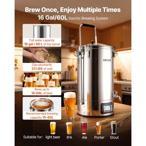 VEVOR elektrisches Bierbraugerät Bierbrauanlage Braukessel 60 L Hausgebrauch, Maischekochgerät mit Rezeptspeicher & Automatik-/Manuellmodus & Bedienfeld & Zirkulationsrohr, Brausystem VEVOR elektrisches Bierbraugerät Bierbrauanlage Braukessel 60 L Hausgebrauch, Maischekochgerät mit Rezeptspeicher & Automatik-/Manuellmodus & Bedienfeld & Zirkulationsrohr, Brausystem