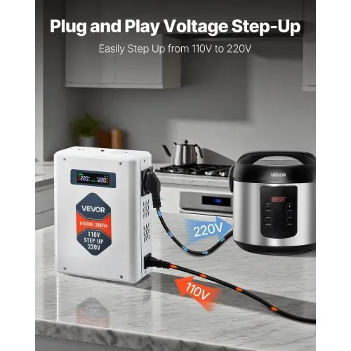VEVOR Spannungswandler aufwärts, 3000 VA, Hochleistungs-Stromwandler, 110 V auf 220 V Leistungstransformator, mit 2 EU-Steckdosen, USB-Ausgang, LCD-Display, Temperaturschutz, für 220-V-Geräte – Bild 2