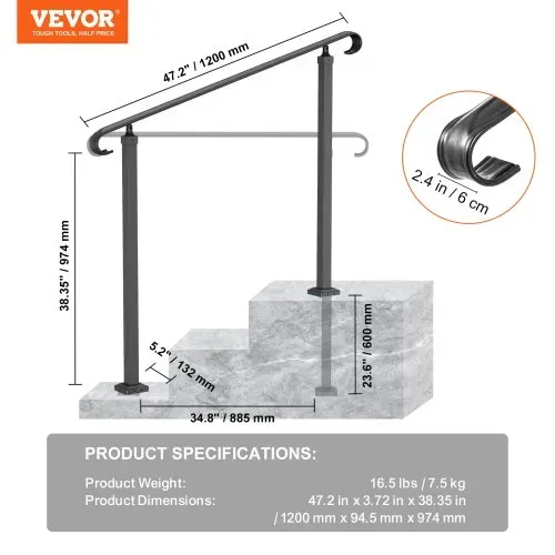 VEVOR Treppengeländer 120x13,5x97 cm Handlauf Geländer für 2 oder 3 Stufige Treppen Eingangsgeländer formschön Höhe(bis zu 45 cm) & Winkel(0-52,8°) einstellbar Ideal für Veranden Eingänge Gärten – Bild 6