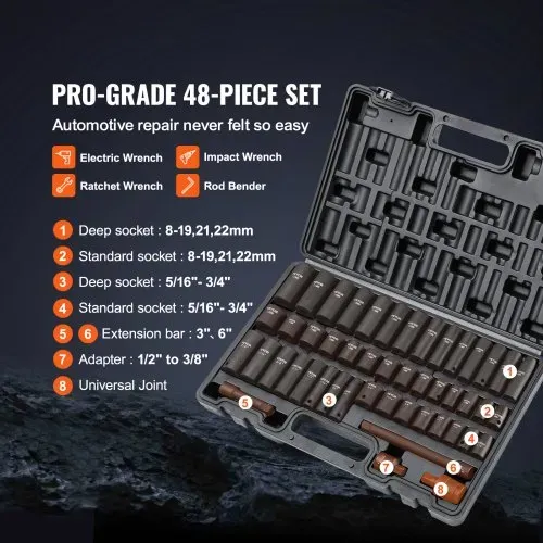 VEVOR Profi Steckschlüsselsatz CR-V-legierter Stahl 48-tlg Steckschlüssel Satz 8-22 mm Tiefe Stecknüsse Schlagschrauber, HRC 42-48 Steckschlüssel inkl Werkzeugkoffer, Metrisch Schraubenausdreher – Bild 2
