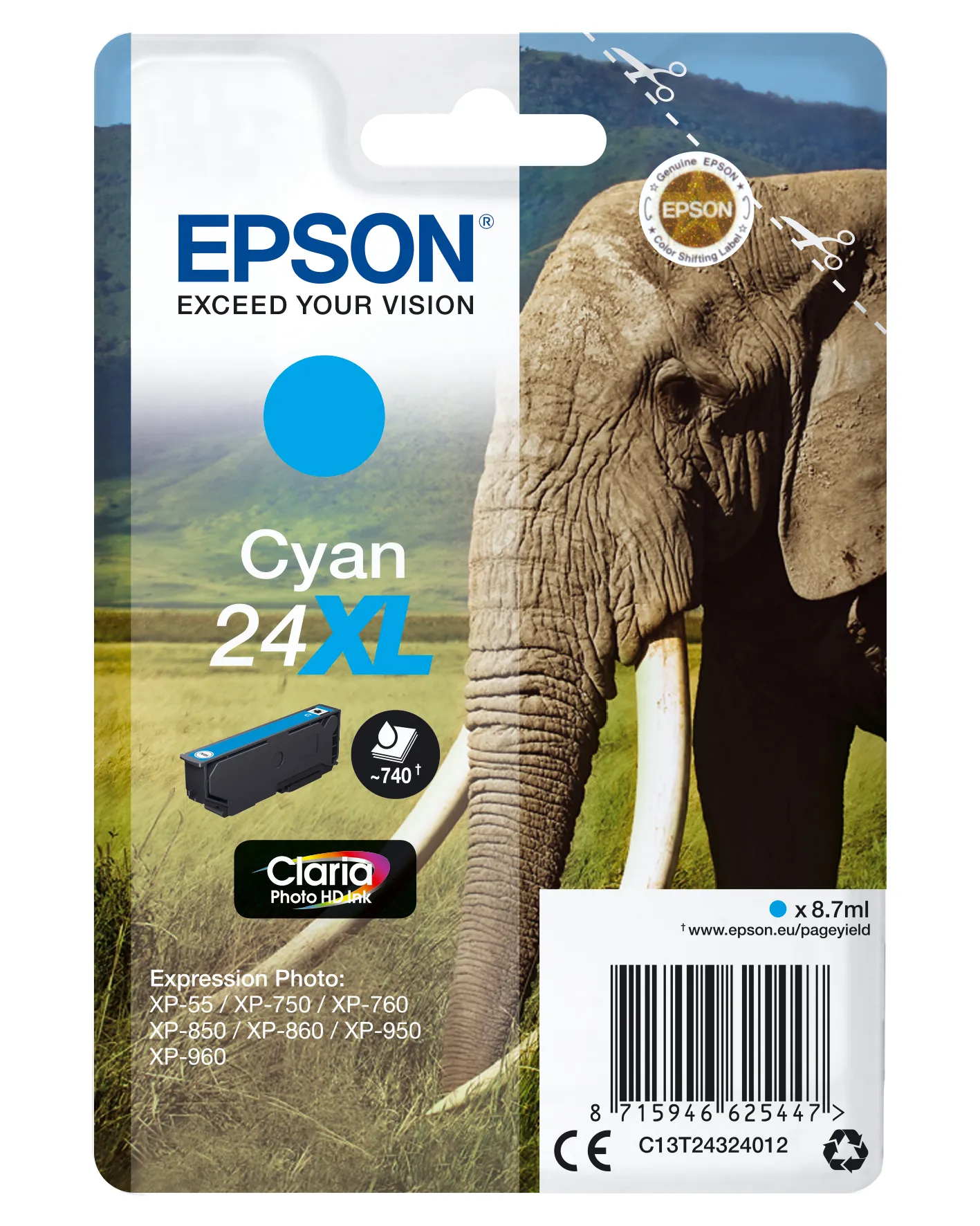 Epson Elephant Singlepack Cyan 24XL Claria Photo HD Ink Epson Elephant Singlepack Cyan 24XL Claria Photo HD Ink