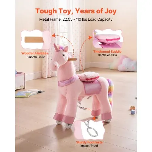 VEVOR Reitpferd auf Rollen 80cm, 50kg Belastbares Stehpferd mit Soundfunktion, Spielpferd mit Erhöhtem Sitz Griffen Pedalen, Rosa Einhorn mit Regenbogenmähne zum Reiten für Kinder Mädchen 3-8 Jahren – Bild 4
