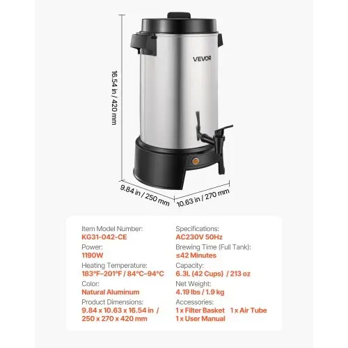 VEVOR Gewerblicher Heißgetränkespender für Kaffee 6,3 L 42 Tassen 1190 W, Heißwasserspender mit Tropffreiem Wasserhahn, Automatischer Temperaturregelung, für Catering, Partys, Kirchen und Restaurants – Bild 6