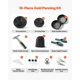 VEVOR Goldwaschpfanne 10 & 14 Zoll, Goldwannenbecken aus PP, 19-tlg. Tragbar, mit Klassiersieben, Sandmagnet, Steinhacke, Schaufeln, Rucksack und Zubehör, Gold Waschpfanne Tray Kit, Schwarz VEVOR Goldwaschpfanne 10 & 14 Zoll, Goldwannenbecken aus PP, 19-tlg. Tragbar, mit Klassiersieben, Sandmagnet, Steinhacke, Schaufeln, Rucksack und Zubehör, Gold Waschpfanne Tray Kit, Schwarz