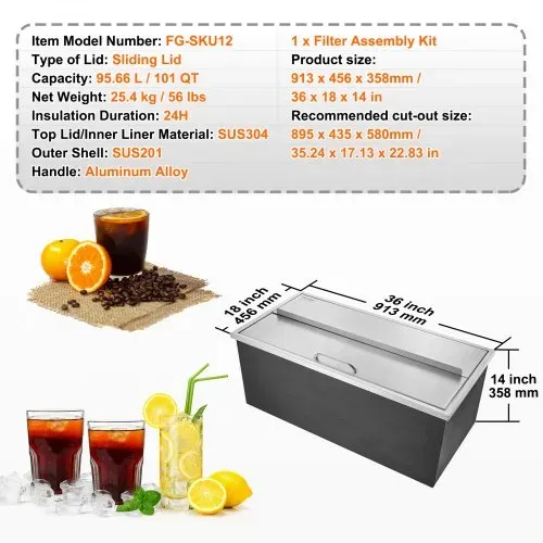 VEVOR 95,66 L Drop-in-Eisbox, 913 x 456 x 358 mm Edelstahl-Eiskühler, Kommerzieller Eisbehälter mit Schiebedeckel, Eingebaute Eisspeichertruhe, Abflussrohr & Ablassstopfen im Lieferumfang Enthalten – Bild 6