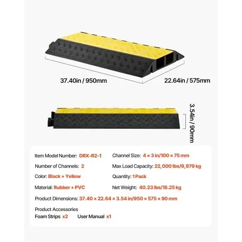 VEVOR 950 mm Kabelbrücke, 9979 kg, 2-Kanal (100x75 mm) Überfahrschutz aus Gummi, Stolperschutz, Bodenabdeckungen, für Bereiche mit hoher Schwelle, Zuhause, Büro, Lager, 1 Stück – Bild 6