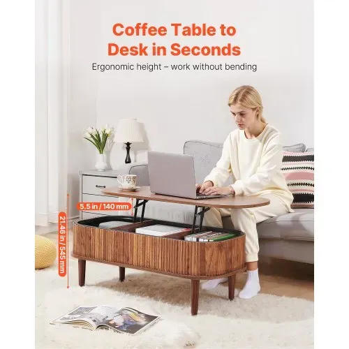 VEVOR Couchtisch Höhenverstellbar 1000x480x405-545 mm, Wohnzimmertisch mit Stauraum, Ausziehbarer Kaffeetisch im Mid-Century-Stil aus MDF, Hubtischplatte für Zuhause & Büro, Walnussfarbe – Bild 2