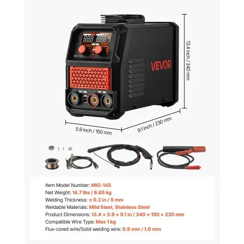 VEVOR 145A MIG-Schweißgerät 3-in-1 Lift-TIG/ Gaslos-Fülldraht/MMA-Schweißen, Trgabare Schweißmaschine für Werkstatt Garage Heimwerker, IGBT-Inverter, Synergiesteuerung, Digitalanzeige, Überlastschutz – Bild 6