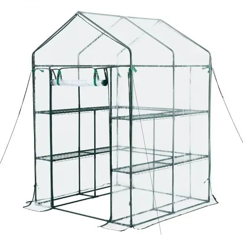 VEVOR Gewächshaus 137x137x196 cm, Foliengewächshaus, Tomatenhaus, Tomatengewächshaus mit PVC-Abdeckung, 2 Ebenen, 10 Regalböden, Aufrollbarer Reißverschlusstür, Treibhaus für Außenbereich – Bild 9